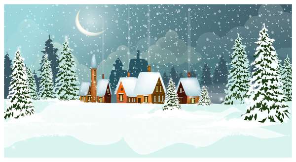 Snowy winter landscape with cottages and fir-trees vector