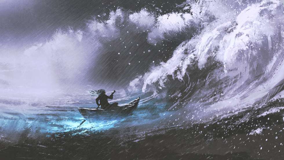 man rowing a magic boat in stormy sea with rogue waves, digital