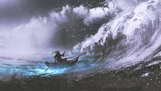 man rowing a magic boat in stormy sea with rogue waves, digital